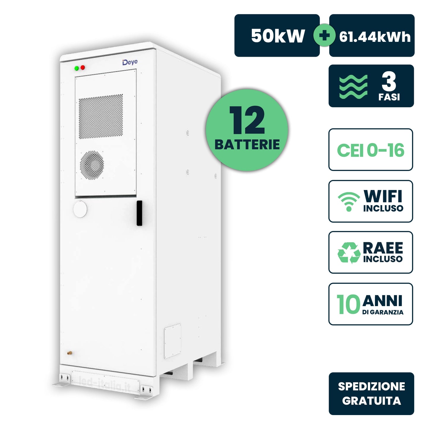Armadio di Accumulo HV Deye 61.44kWh LFP 51.2V 100Ah 150A Bianco CEI 0-21 IP55