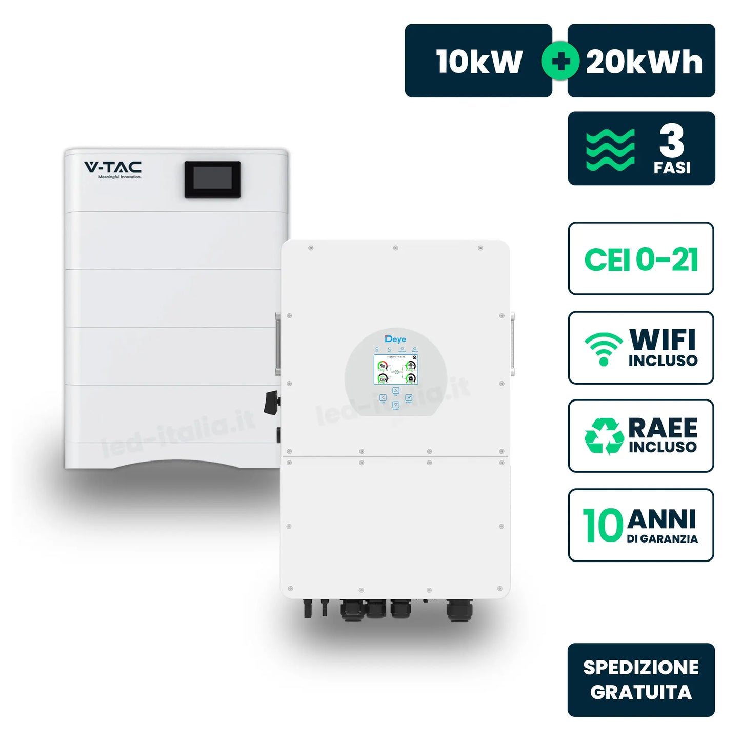 Kit Fotovoltaico Alta Tensione con Inverter Ibrido Trifase Deye 10kW e Accumulo LiFePO4 20.48kWh, BMS TA WiFi Inclusi, CEI-021 Garanzia 10 Anni IP65