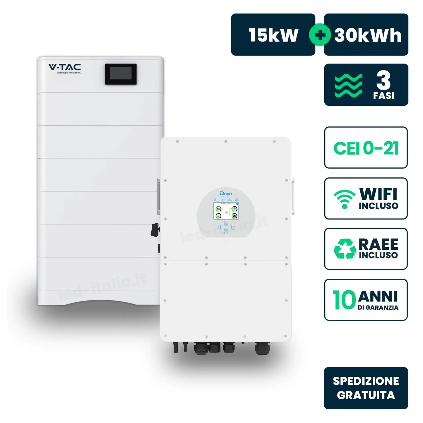 Kit Fotovoltaico Alta Tensione con Inverter Ibrido Trifase Deye 15kW e Accumulo LiFePO4 30.72kWh, BMS TA WiFi Inclusi, CEI-021 Garanzia 10 Anni IP65