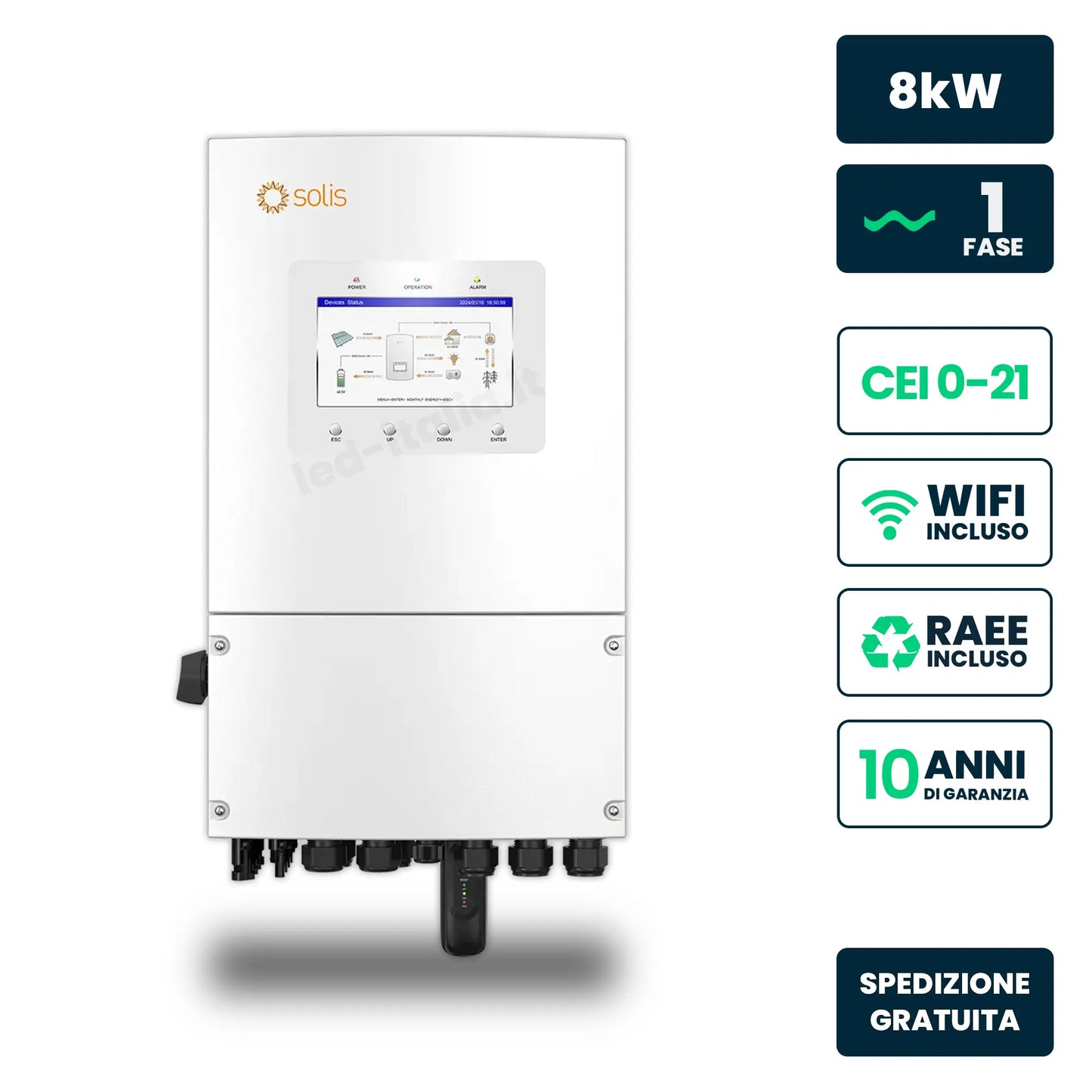 Inverter Ibrido Monofase LV Solis 8kW WiFi CEI 0-21 Bianco IP66
