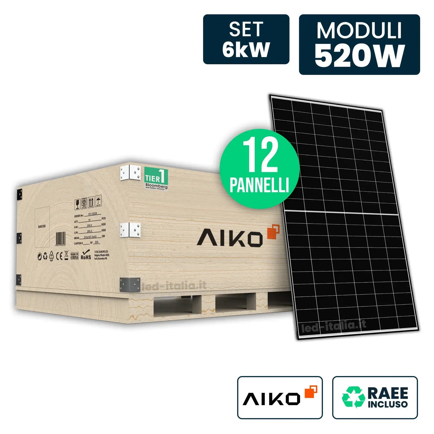 Set 6kW con 12 Pannelli Solari AIKO 520W TIER-1 N-Type ABC Black Frame 1954x1134x30mm