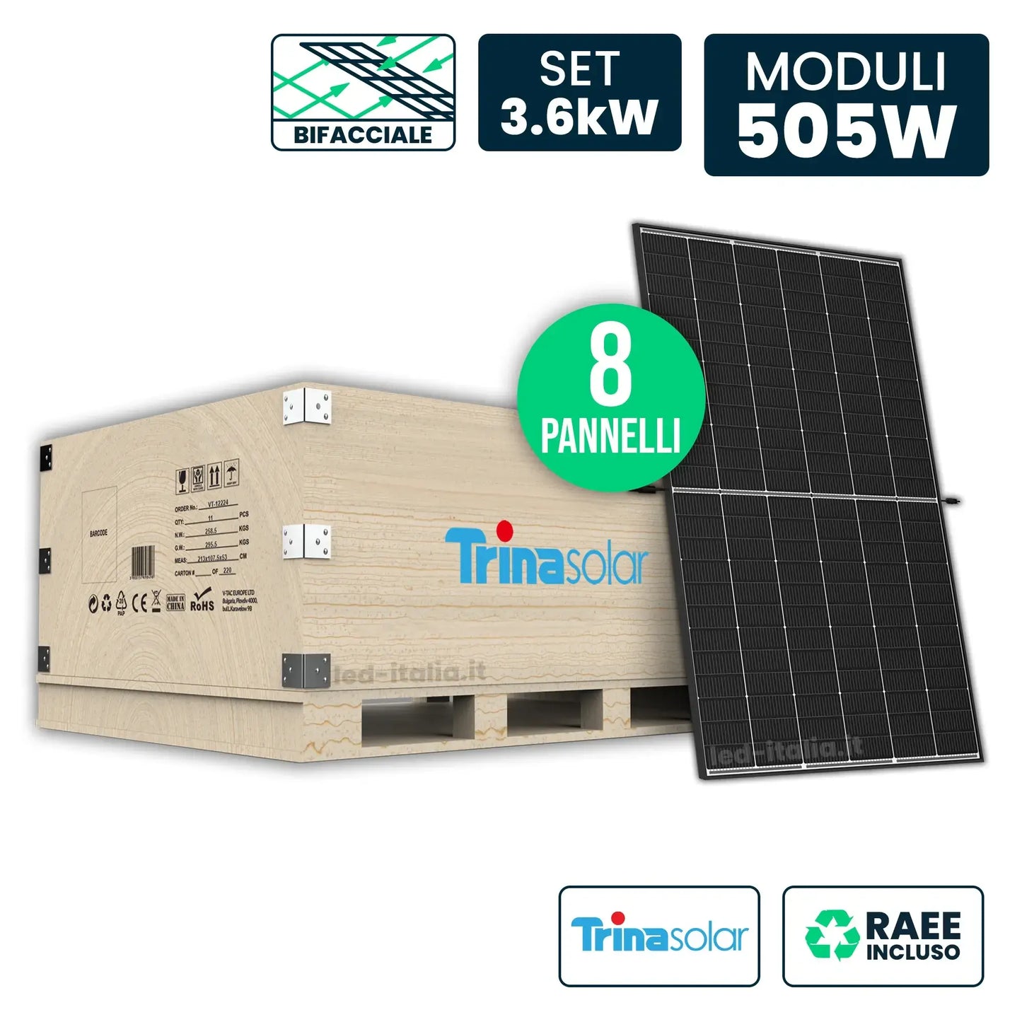 Set 3kW con 8 Pannelli Solari 505W Trina Vertex S+ i-TOPCon Bifacciali Full Black 1961x1134x30mm