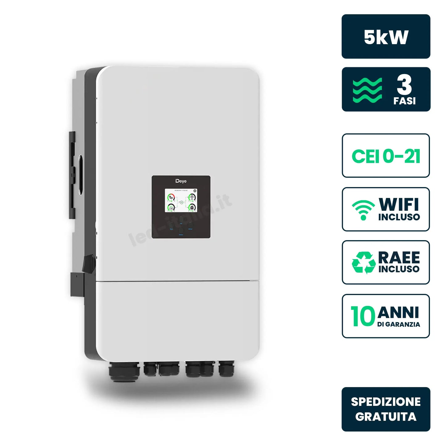 Inverter Ibrido Trifase LV Deye 5kW WiFi CEI 0-21 Bianco IP65
