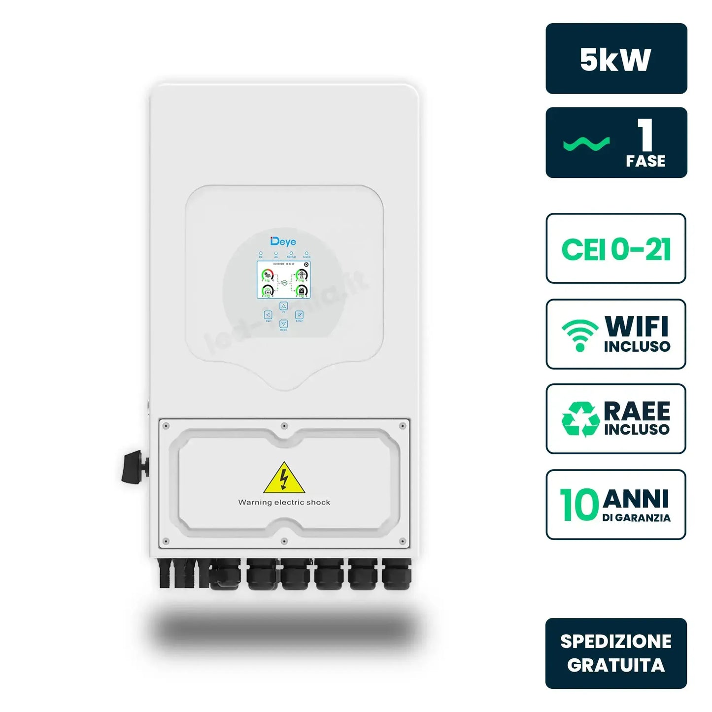 Inverter Ibrido Monofase LV Deye 5kW WiFi CEI 0-21 Bianco IP65