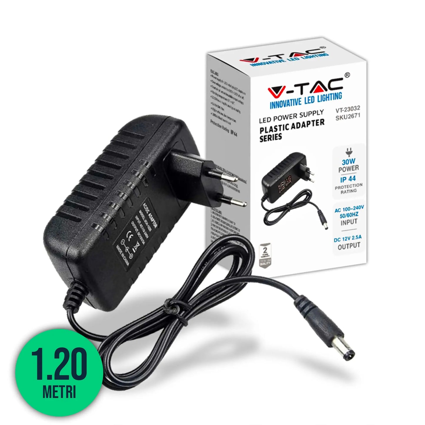 Plastic Power Supply 30W 12V 2.5A Plug and Play with 2.1 Jack Black Color 1.2m Cable IP44