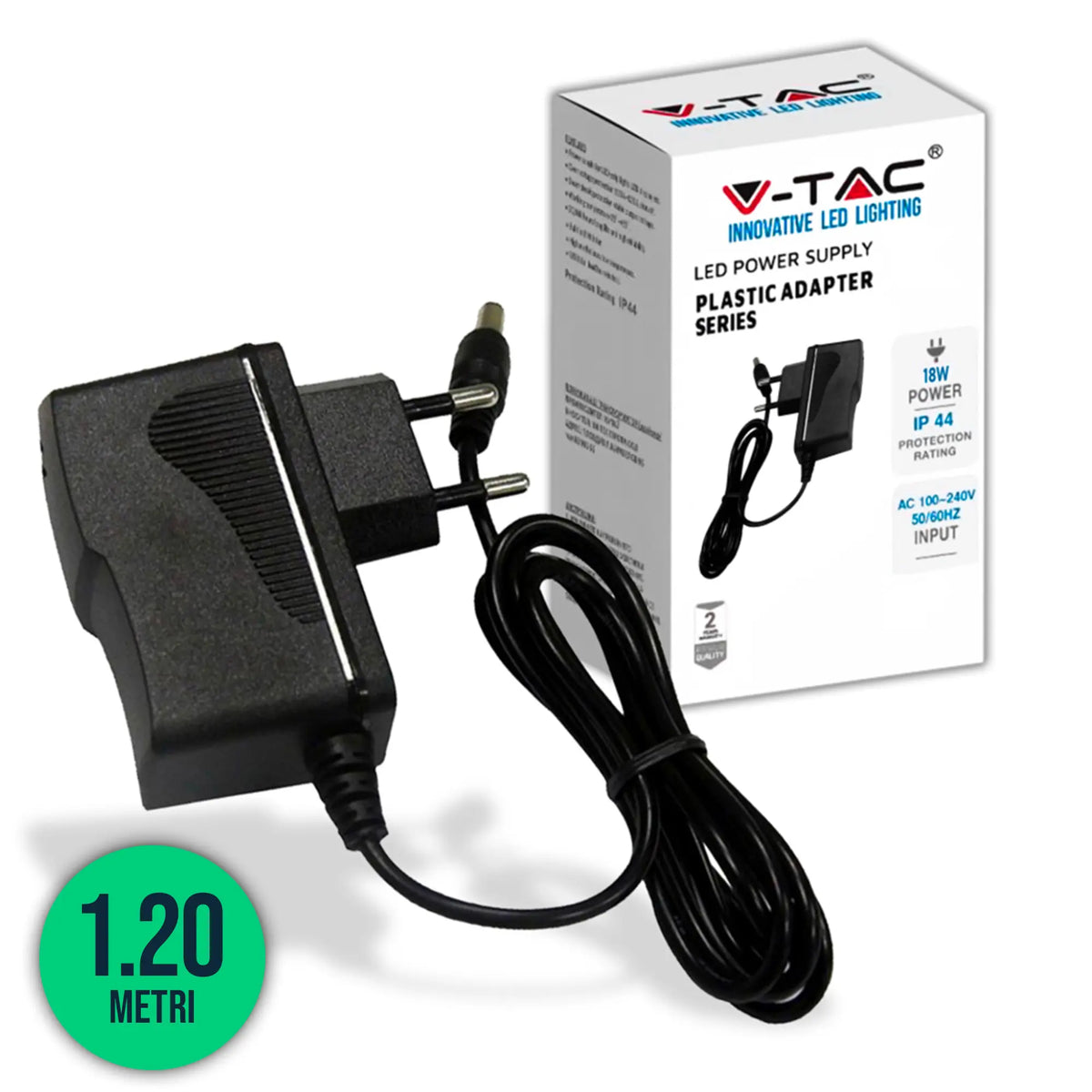 Plastic Power Supply 18W 12V 1.5A Plug and Play with 2.1 Jack Black Color 1.2m Cable IP44