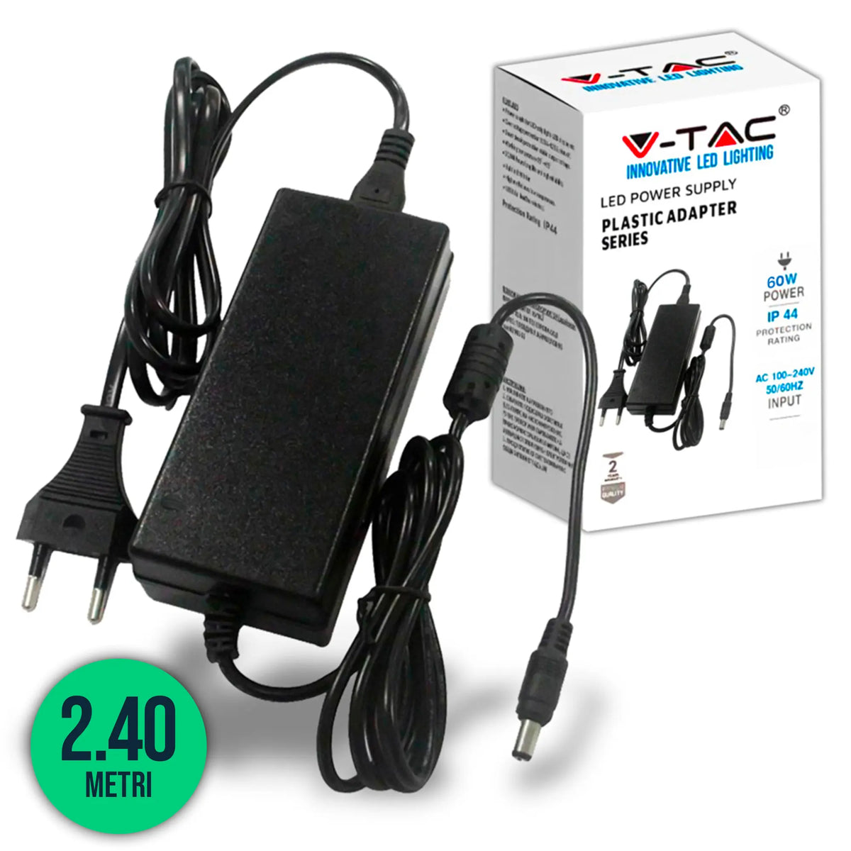 Plastic power supply 60W 12V 5A Plug and Play with 2.1 jack, black color, 2.4m cable, IP44