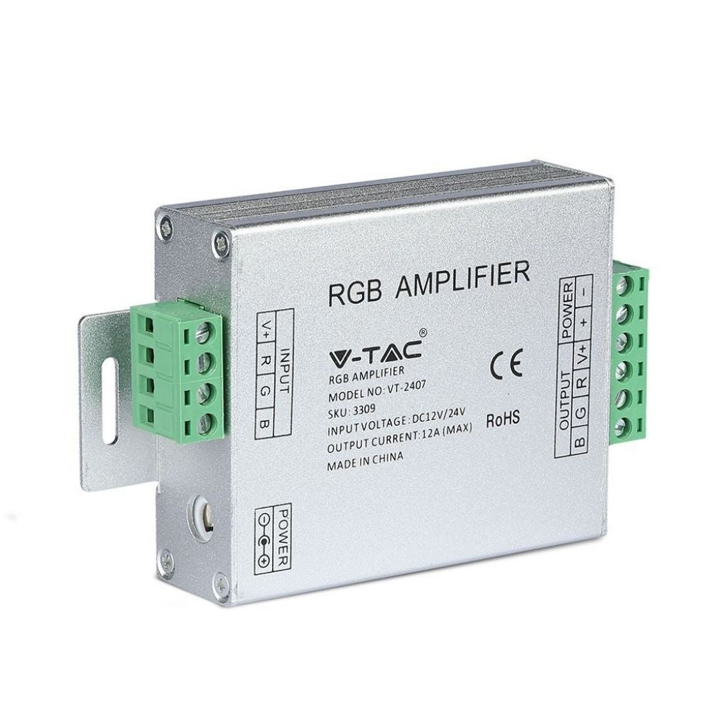 RGB LED Strip Signal Amplifier 3-Channel 12–24V 12A Screw Terminals / DC 2.1 Jack