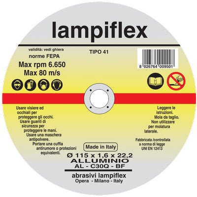 DISCO ABRASIVO TAGLIO ALLUMINIO LAMPIFLEX - MM 115X22,2 H.MM 1,6