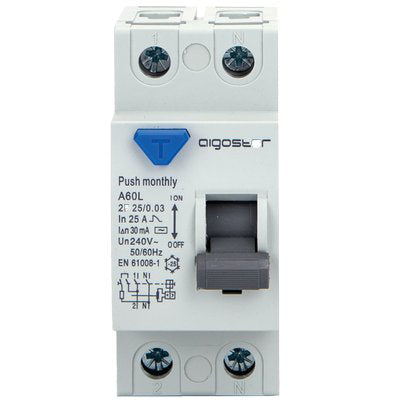 INTERRUTTORE DIFFERENZIALE PURO AIGOSTAR - 2P VOLT 230 A 25 KA 6,0 MA 30 BIPOLARE