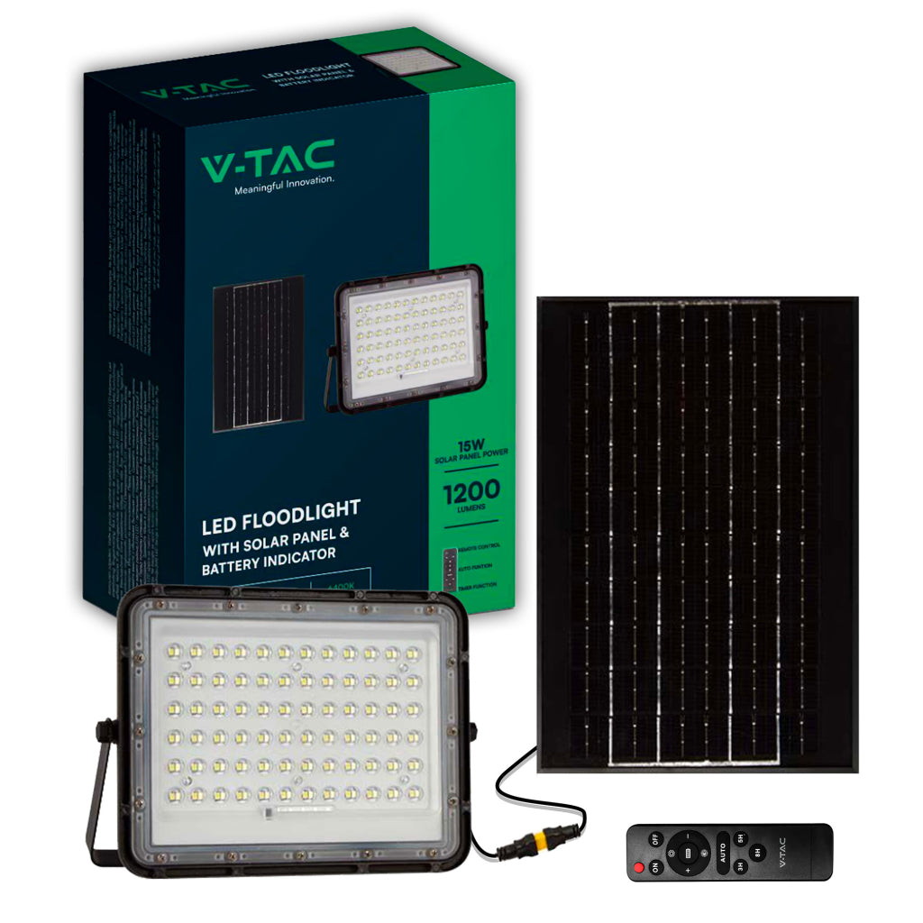 15W LED Solar Floodlight 6400K Replaceable Battery 3m Wire Black Body