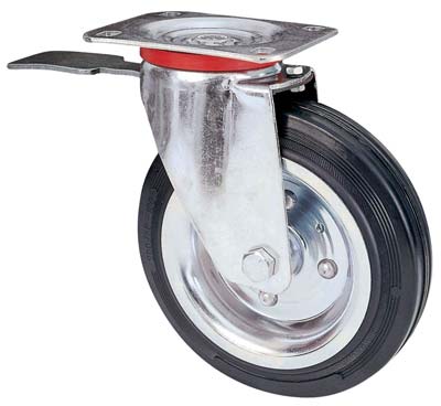 RUOTA A FORCELLA GIREVOLE + FERMO 80BIS AVO - A/ZINCR/GOMMA NERA D.MM 100X30 P.MM 100X85
