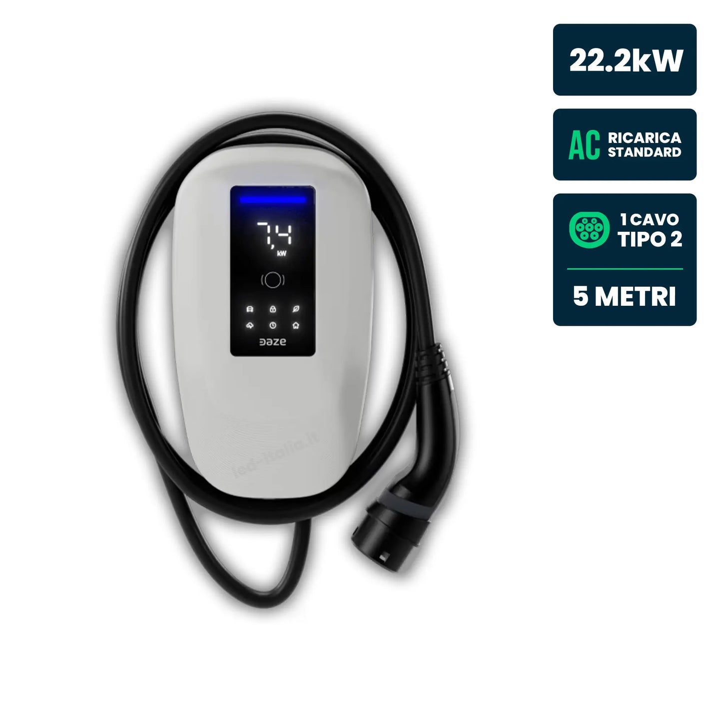 Stazione di Ricarica Dazebox Home T 22.2kW Trifase 32A, IP55 IK10, WiFi e Bluetooth, Wall Box Bianco con Schermo, 3 Tessere RFID Incluse, Cavo Tipo 2 Lunghezza 5m
