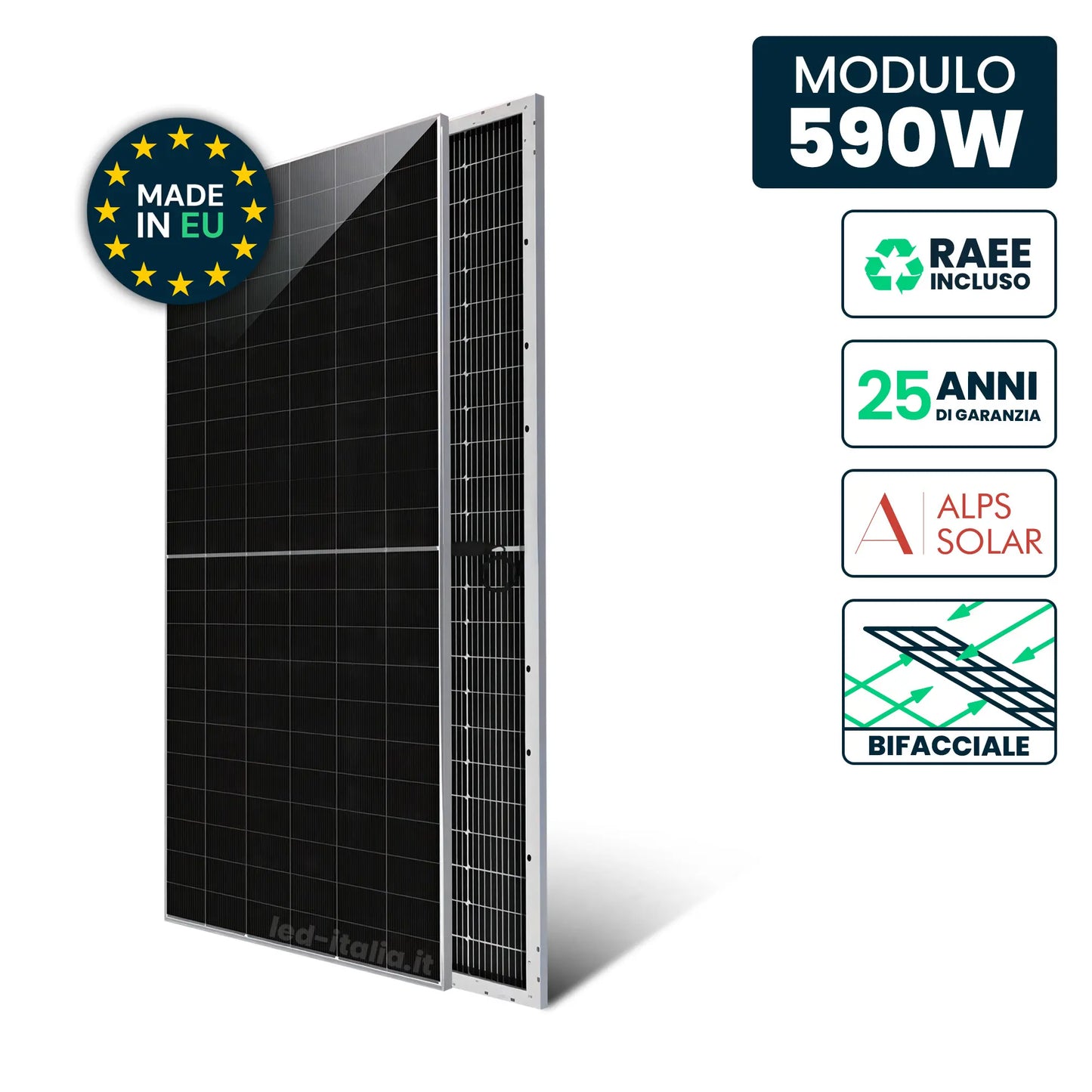 Pannello Solare 590W ALPS Solar EU N-Type Classe A Bifacciale Silver Frame 2279x1134x30mm
