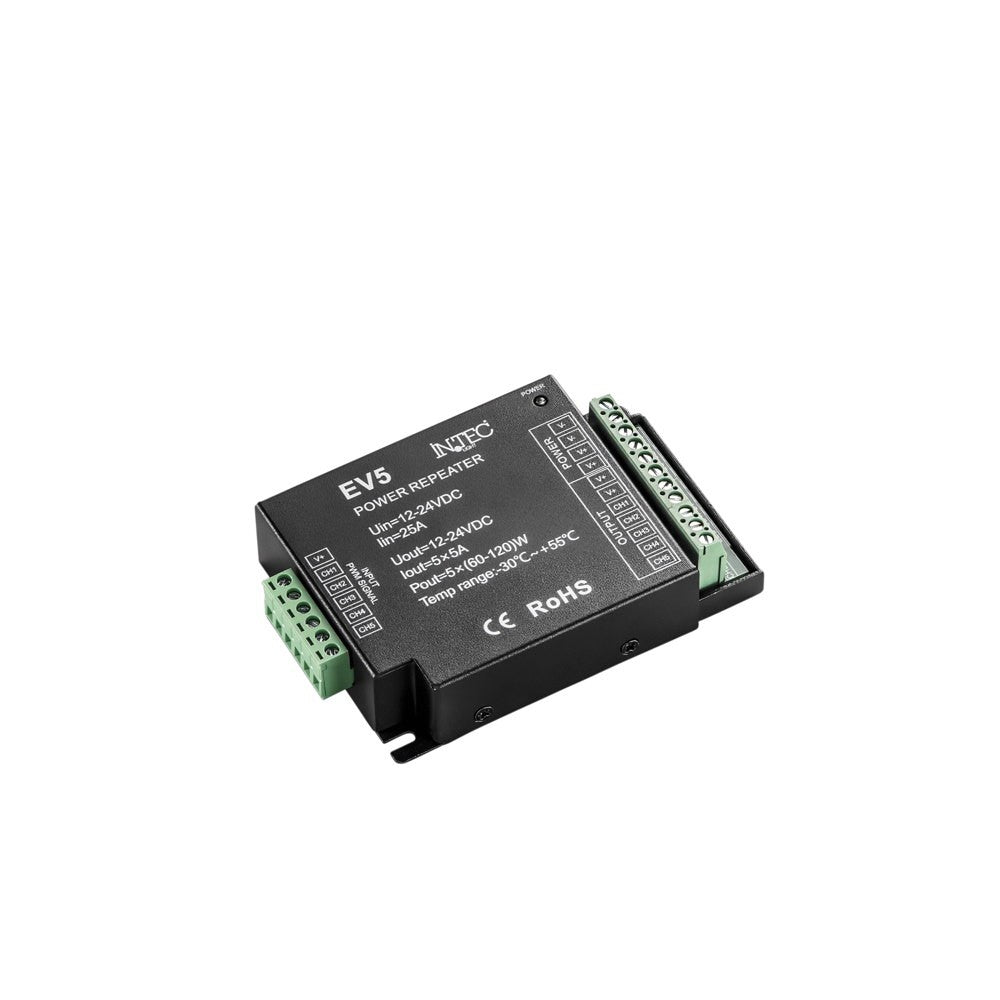 AMPLIFICATORE DI POTENZA 5 CANALI INPUT 12-24VDC OUTPUT 5CH;5A CH12/24V MAX 25A 10,7X7,5X2,45CM