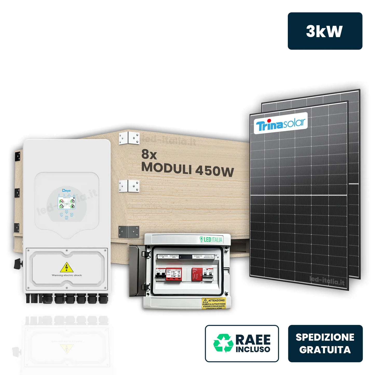 KIT Fotovoltaico Monofase 3kW con Inverter Ibrido, 8 Moduli 470W (3.76kW) Full Black, Quadro Combinato 1-1 AC-DC 3kW senza Accumulo