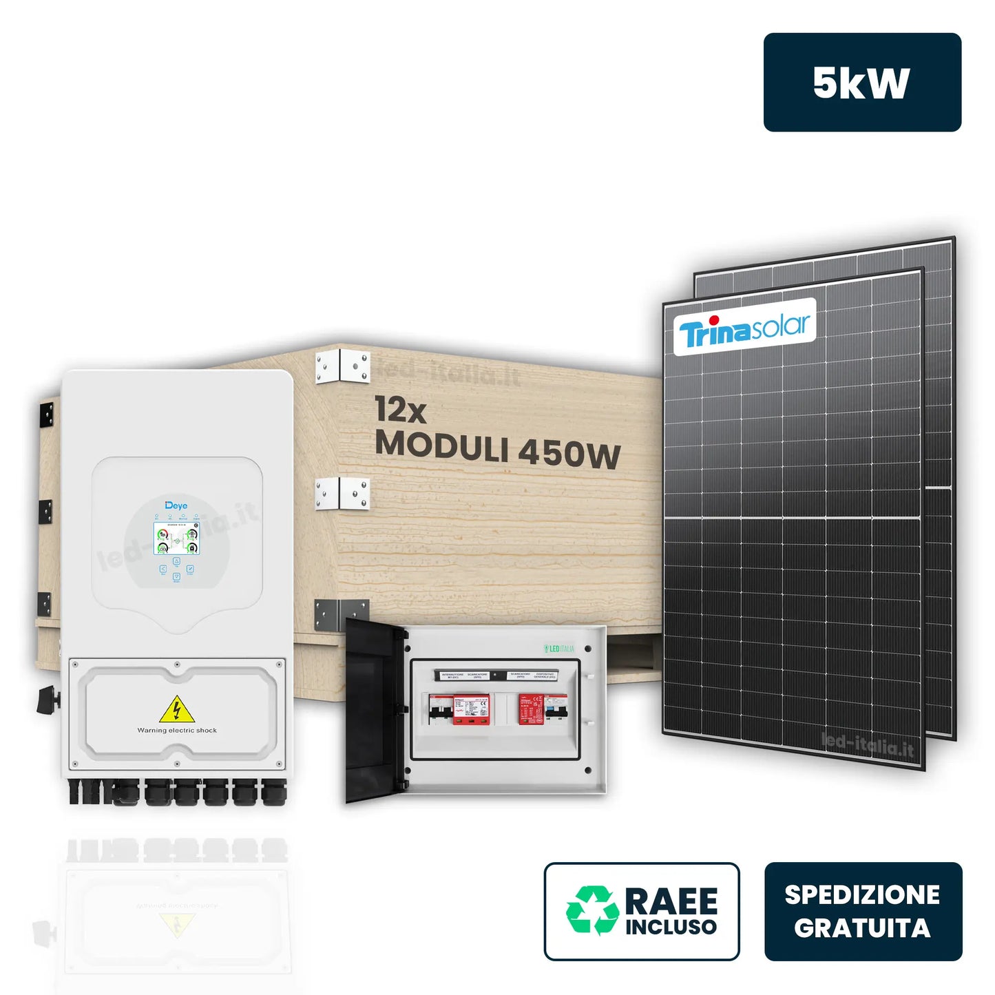KIT Fotovoltaico Monofase 5kW con Inverter Ibrido, 12 Moduli 470W (5.64kW) Black , Quadro Combinato 1-1 AC-DC 5kW senza Accumulo