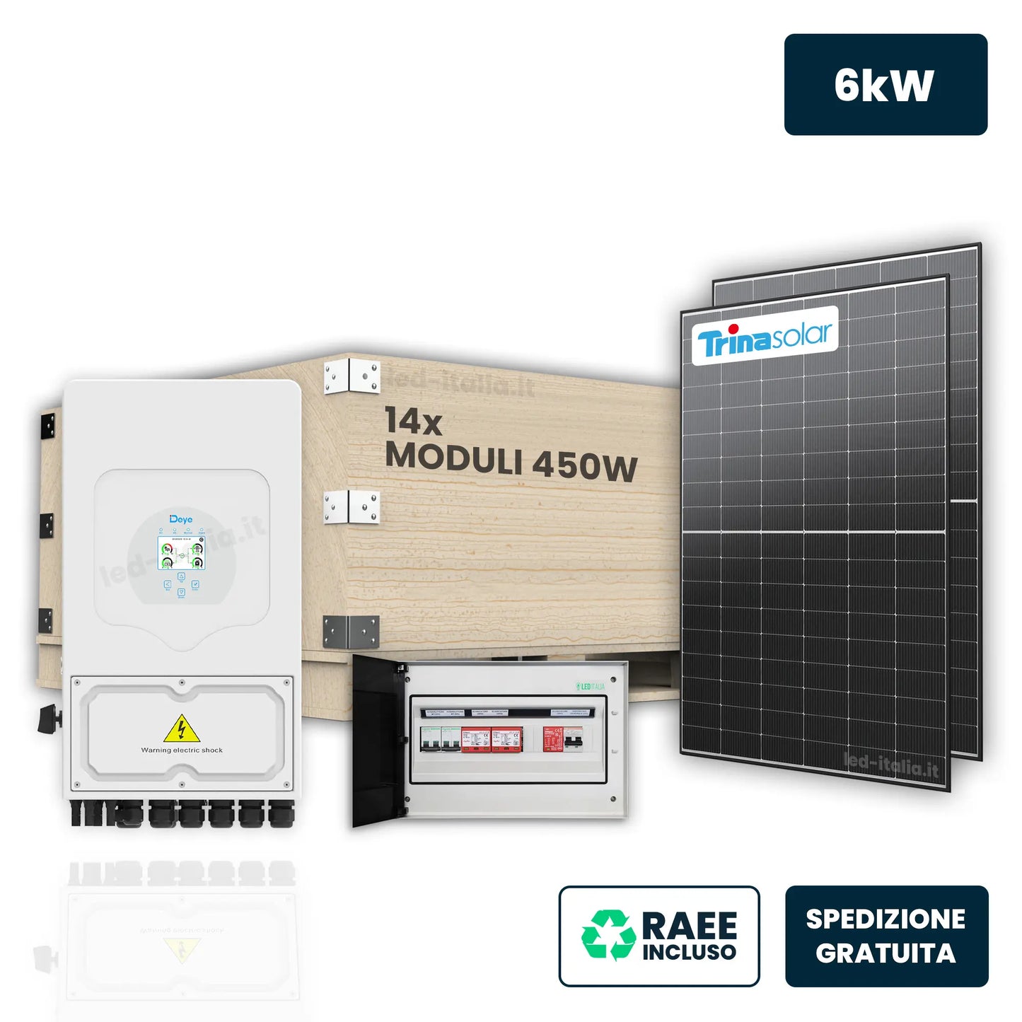 KIT Fotovoltaico Monofase 6kW con Inverter Ibrido, 14 Moduli 470W (6.58kW) Black , Quadro Combinato 2-2 AC-DC 6kW senza Accumulo