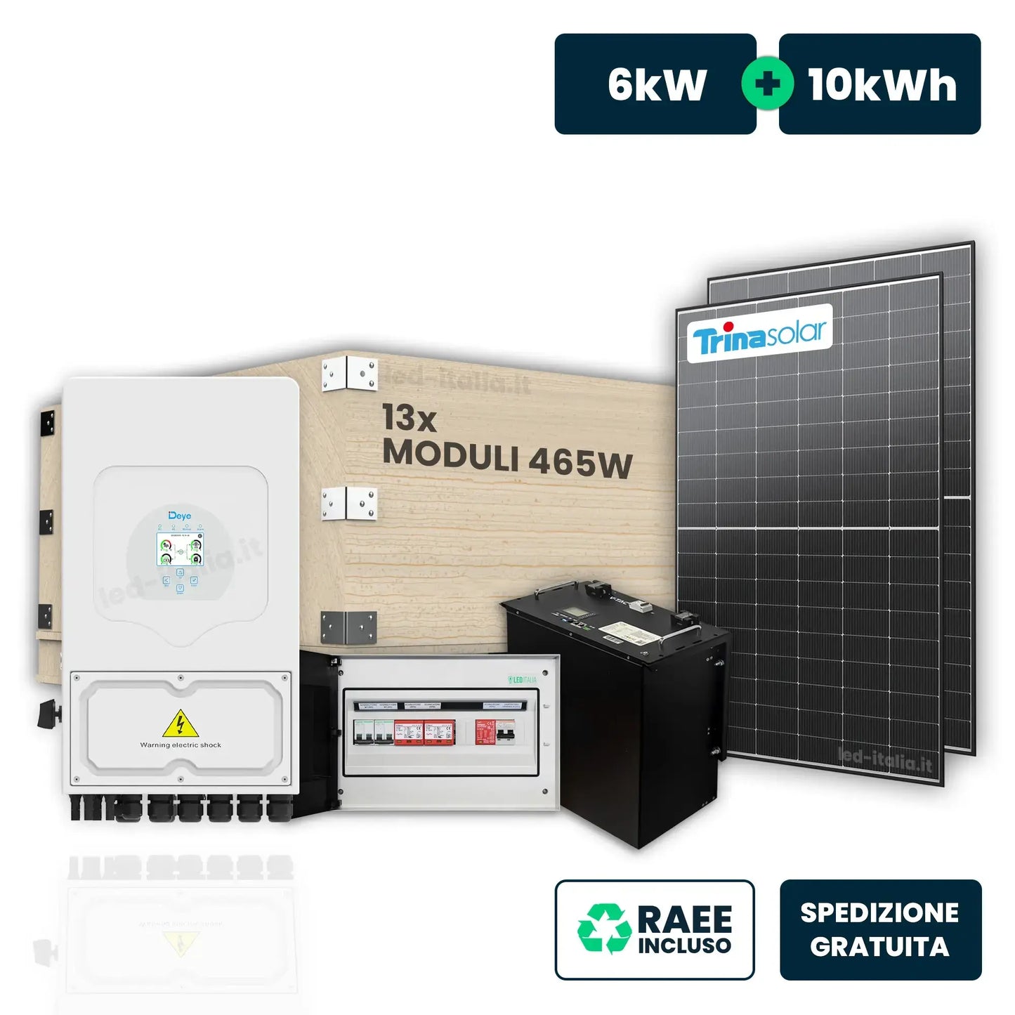 Kit Fotovoltaico Monofase Deye 6kW+10kWh LFP con 13 Pannelli 465W (6kW) e Quadro AC/DC