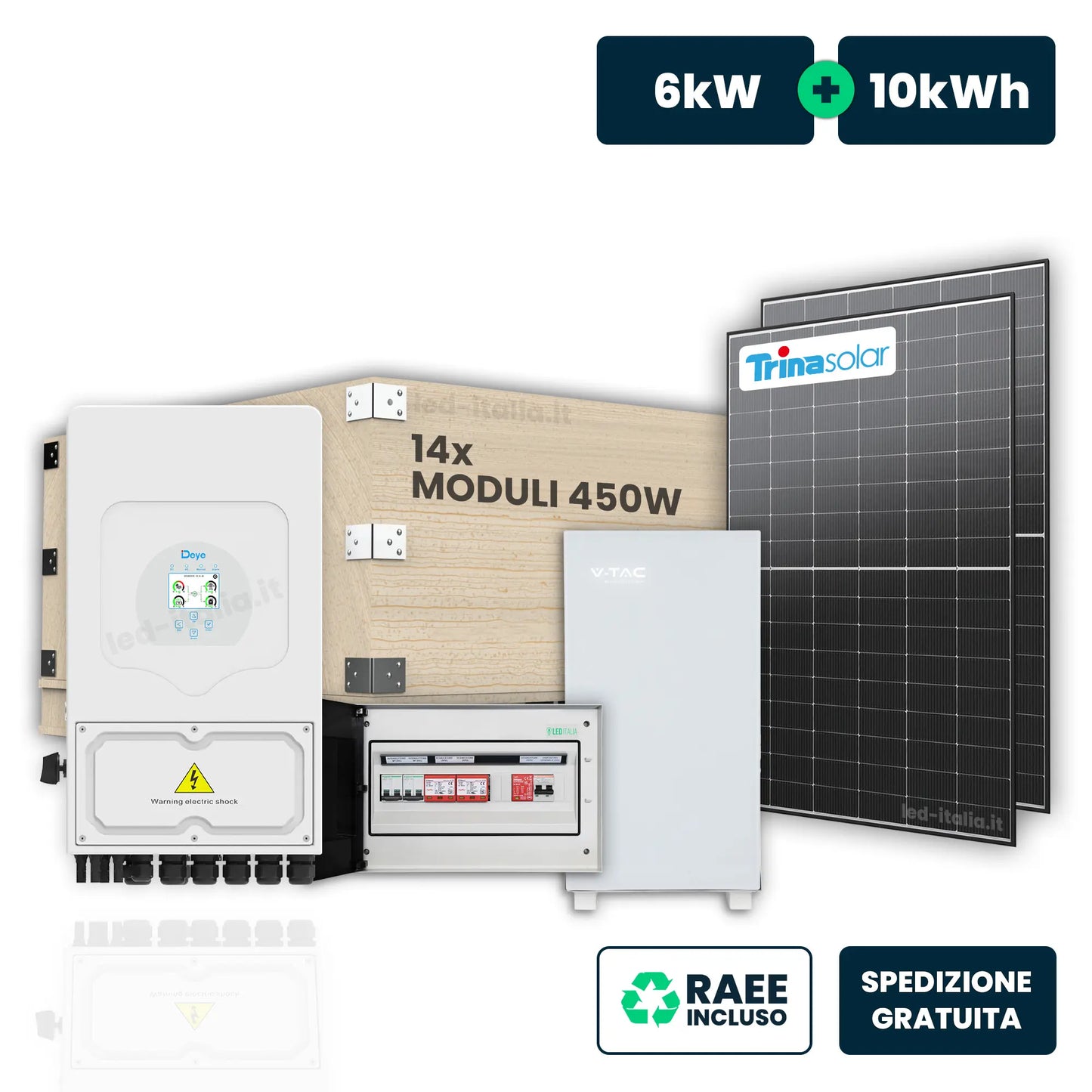KIT Fotovoltaico Monofase 6kW con Inverter Ibrido, 14 Moduli 470W (6.58kW) Full Black con Accumulo LFP 10kWh e Quadro Combinato 2-2 AC-DC 6kW