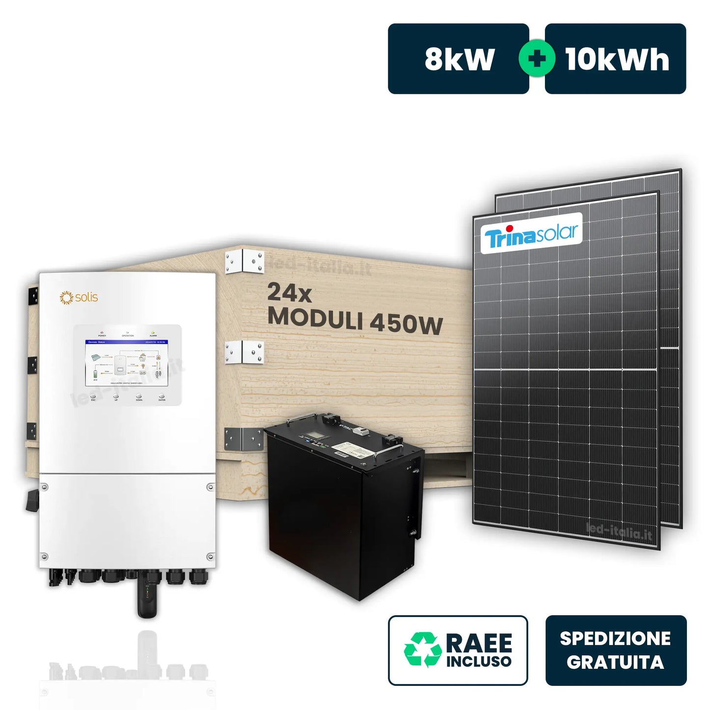 KIT Fotovoltaico Monofase 8kW con Inverter Ibrido, 22 Moduli 470W (10.34kW) Black con Accumulo LFP 10kWh
