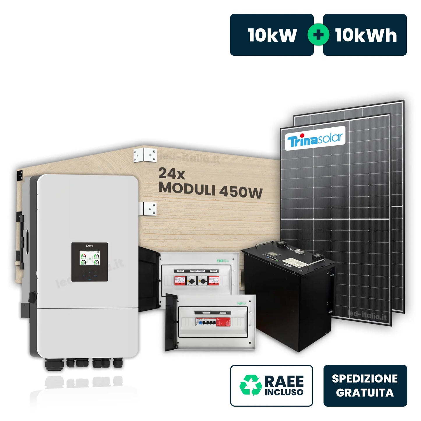 KIT Fotovoltaico Trifase 10kW con Inverter Ibrido, 22 Moduli 470W (10.34kW) Black con Accumulo LFP 10kWh e Quadri DC 2/2 e AC 1/1 10kW