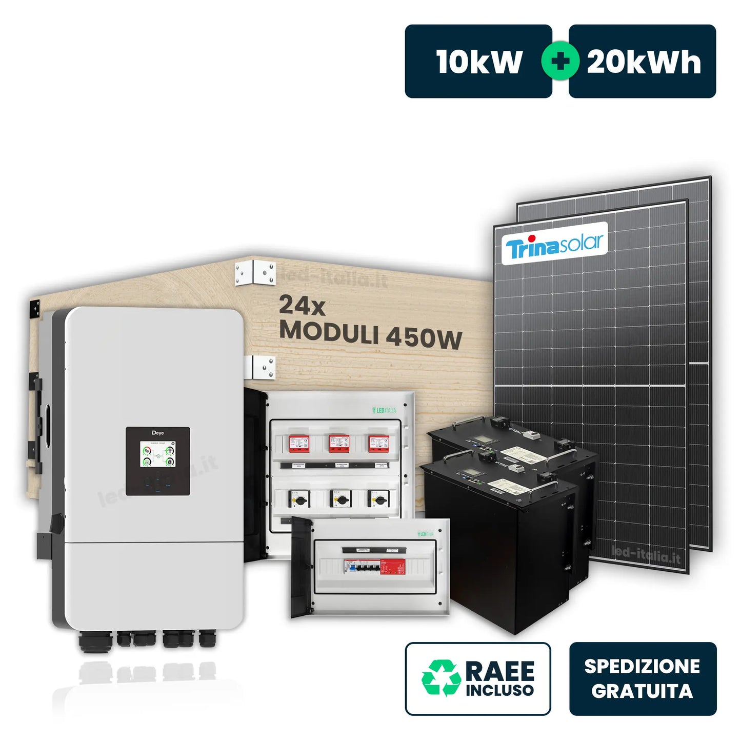KIT Fotovoltaico Trifase 10kW con Inverter Ibrido, 22 Moduli 470W (10.34kW) Black con Accumulo LFP 20kWh, Quadri DC 3-3 e AC 1-1 10kW