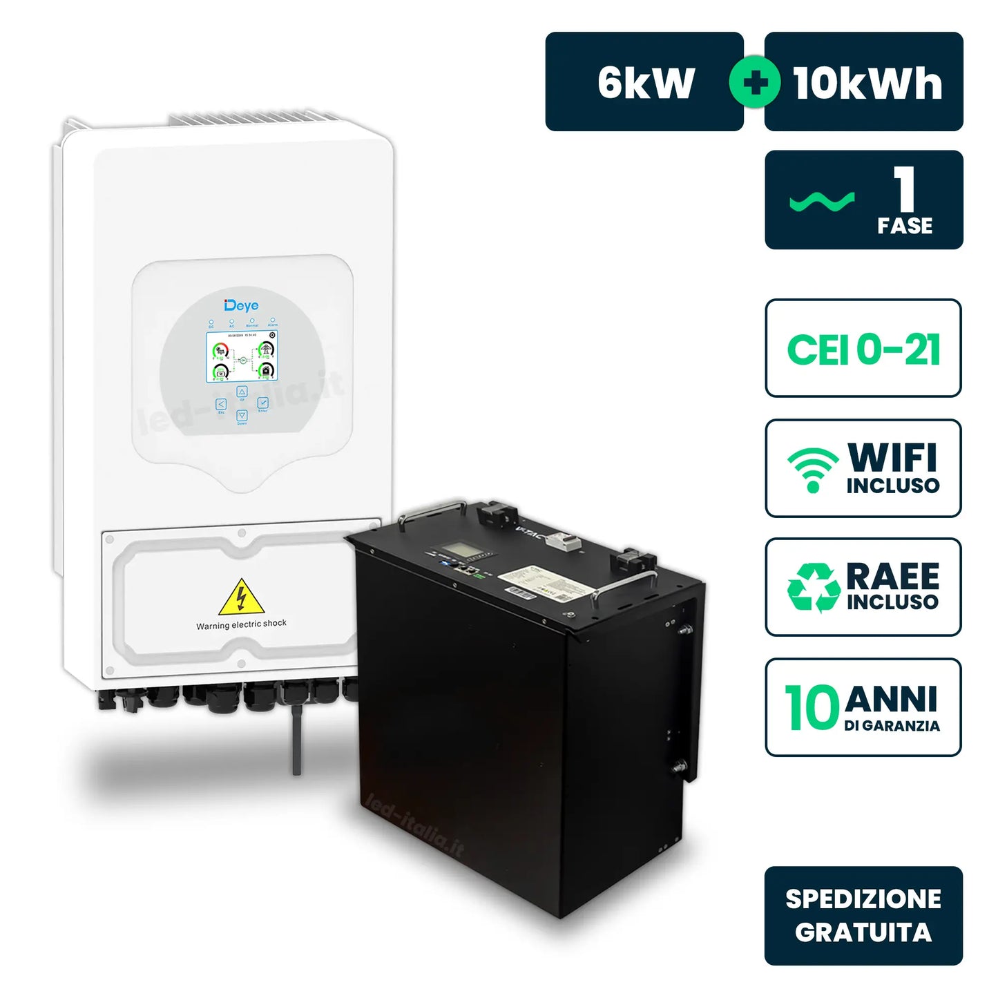 Kit Fotovoltaico Monofase Ibrido Deye 6kW+10kWh LiFePO4 CEI 0-21 Bianco