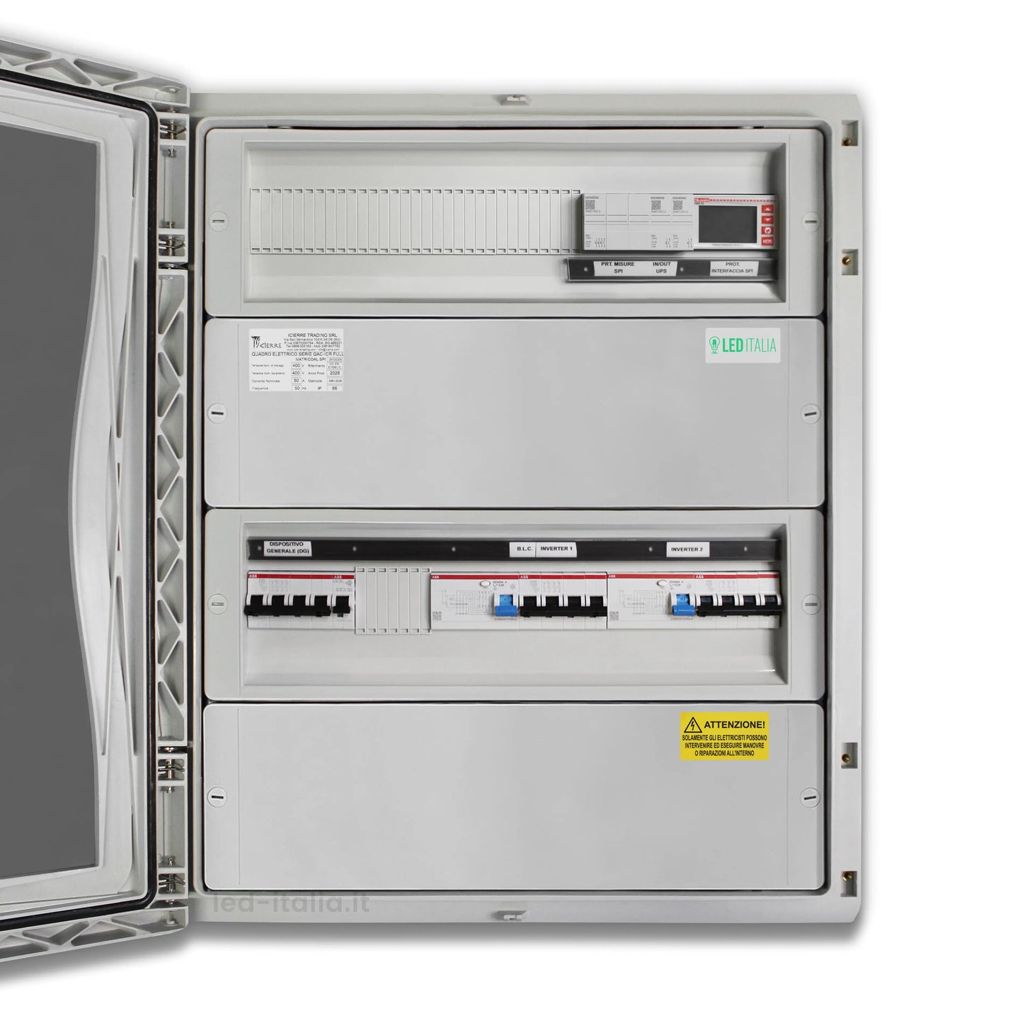 Quadro AC Trifase 30kW Doppio Inverter 50A 400V 2x24 Moduli Differenziale + SPD + Entra/Esci + Sgancio + Portafusibili + SPI CEI 0-21 ABB / DEHN IP65