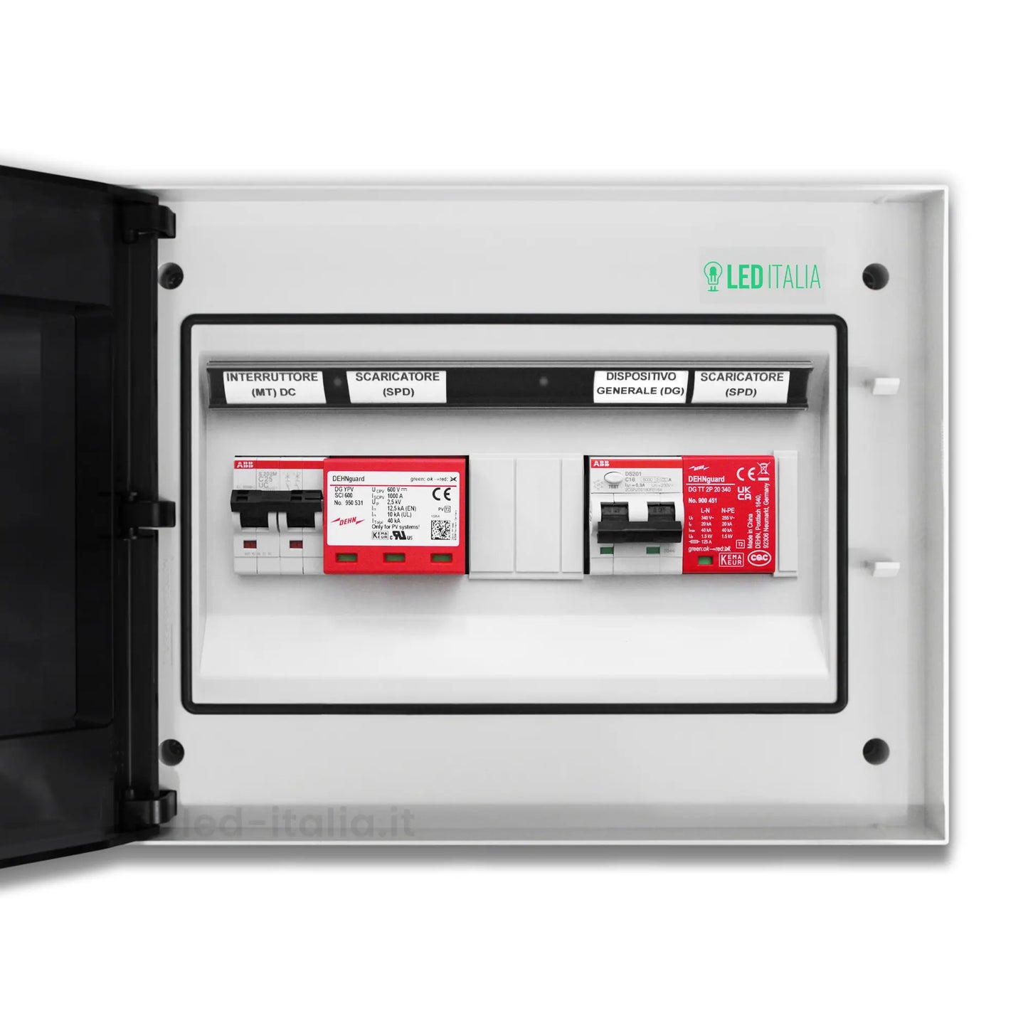 Quadro Combinato AC/DC Monofase 3kW 1/1 MPPT 20A 230V / 20A 600VDC 12 Moduli Differenziale + SPD ABB / DEHN IP65