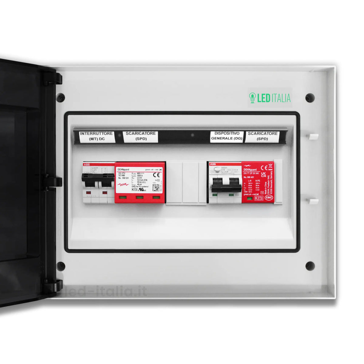 Quadro Combinato AC/DC Monofase 3kW 1/1 MPPT 20A 230V / 20A 600VDC 12 Moduli Differenziale + SPD ABB / DEHN IP65