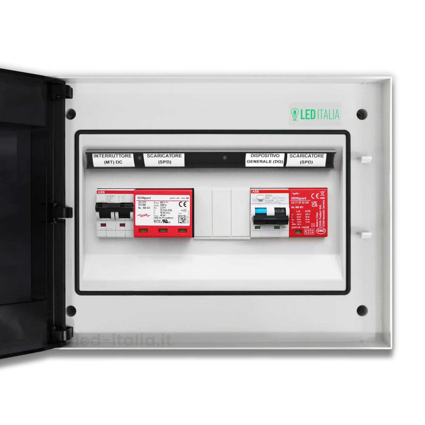 Quadro Combinato AC/DC Monofase 6kW 1/1 MPPT 32A 230V / 20A 600VDC 12 Moduli Differenziale + SPD ABB / DEHN IP65
