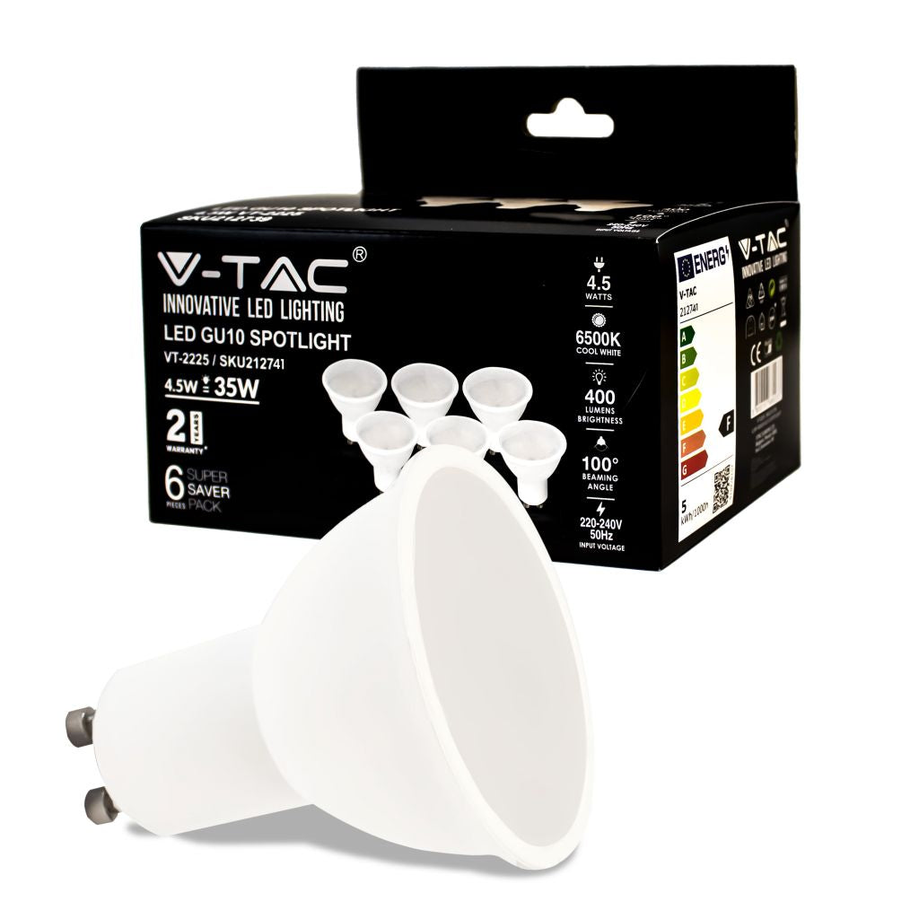 4.5W SMD WHITE PLASTIC SPOTLIGHT-MILKY COVER 6500K GU10 100`D 6PCS/PACK