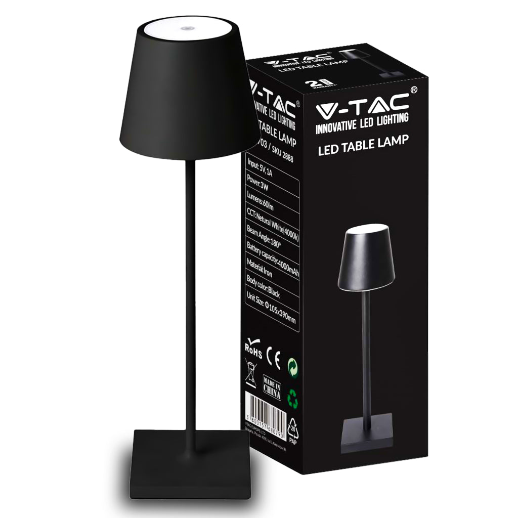 3W Led Table Lamp Rechargeable Touch Dimmable Black Body 3000K