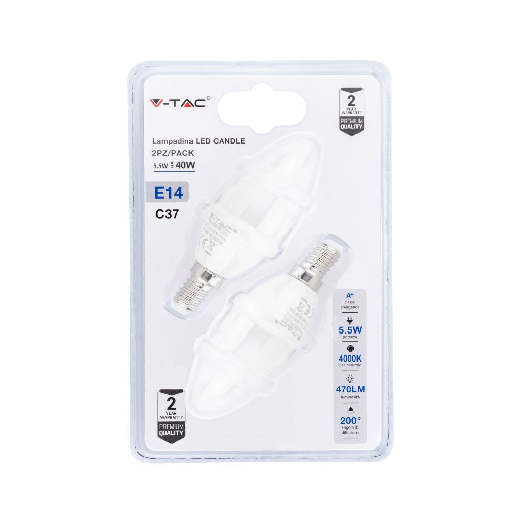 LED Bulb - 5.5W E14 Candle 4000K (Blister 2 pezzi)