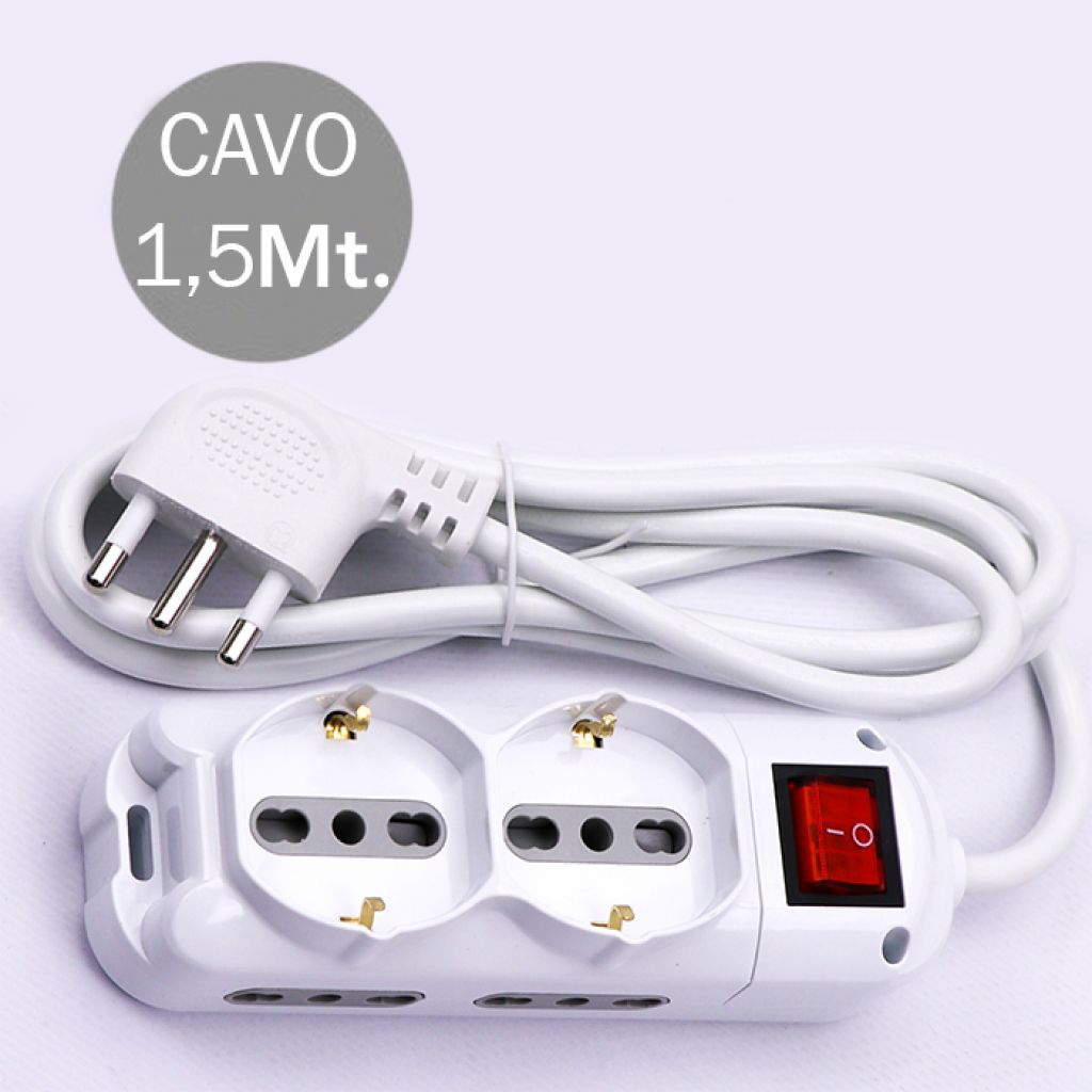 4 Prese 2P+T 10/16A Bipasso + 2Prese 10/16A Bipasso/Schuko Con Interrutore Luminoso AC250V Max:3500W Cavo H05VV-F 3G1.0mmX1.5m Con Spina 16A 2P+T