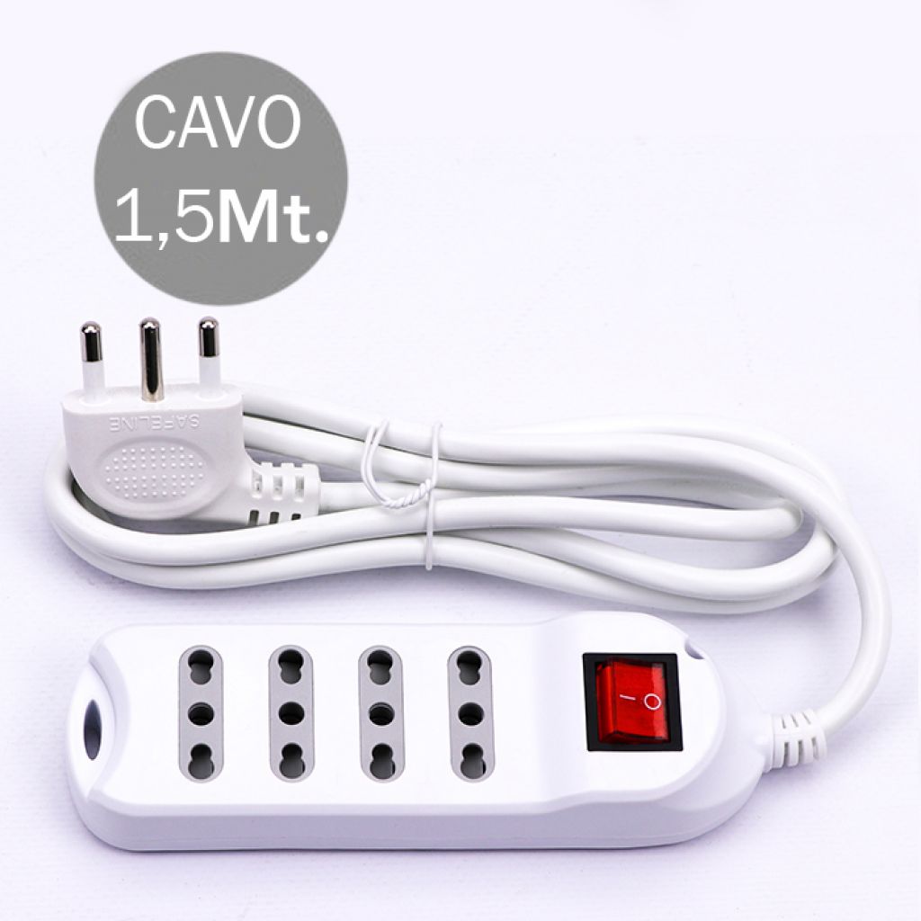 Multipresa 4 Posti Con Interruttore Luminoso 10/16A Bipasso Con Attacco a Parete 250V~Max:3500W Cavo H05VV-F 3G1.0mmX1.5m Con Spina 16A 2P+T