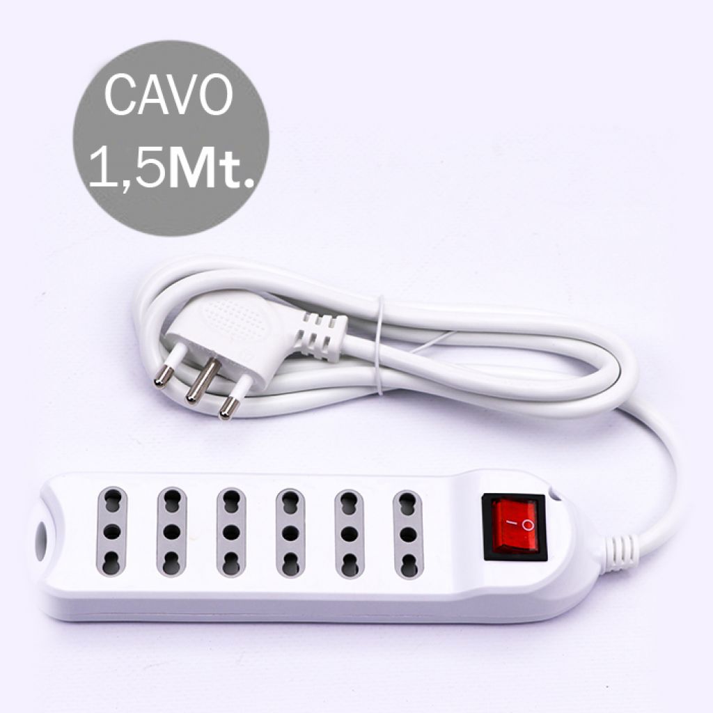 Multipresa 6 Posti Con Interruttore Luminoso 10/16A Bipasso Con Attaco a Parete 250V~Max: 3500W Cavo H05VV-F 3G1.0mmX1.5m Con Spina 16A 2P+T