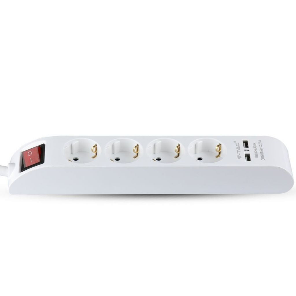 4 Ways Socket With Lighted Switch & 2 Usb Port 3G 1.5mm*1.4M White