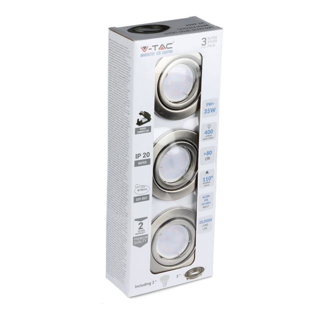 LED Spotlight - 5W GU10 With Fitting Satin Nichel Body 4500K 3pcs/Pack