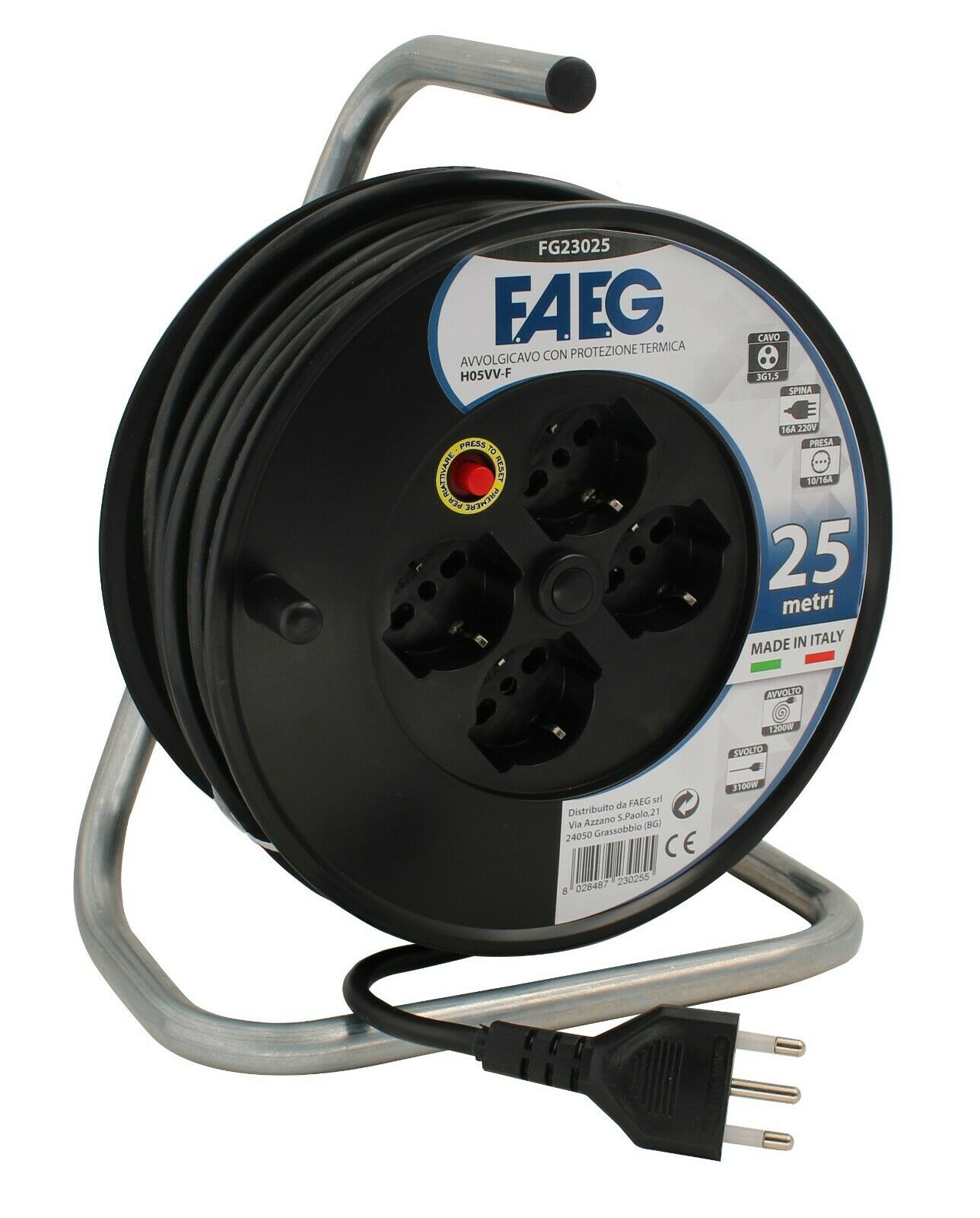 FAEG AVVOLGITORE 50 metri • FG23155 • SPINA STAMPATA SUL CAVO 2P+T 16A • 4 PRESE SCHUKO BIPASSO 2P+T 10/16A IP20D
