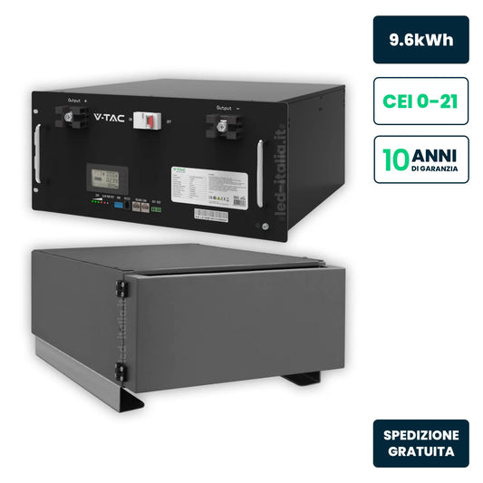 Kit Batteria Accumulo LV 9.6kWh LFP BMS Integrato per Inverter Fotovoltaici CEI 0-21 48V 200Ah con Modulo Armadio Rack PRO Grigio e Copertura