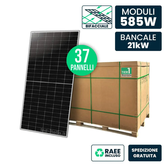 Bancale 21.6kW con 37 Pannelli Solari 585W Bifacciale N-Type TOPCon Silver 2278x1134x30mm