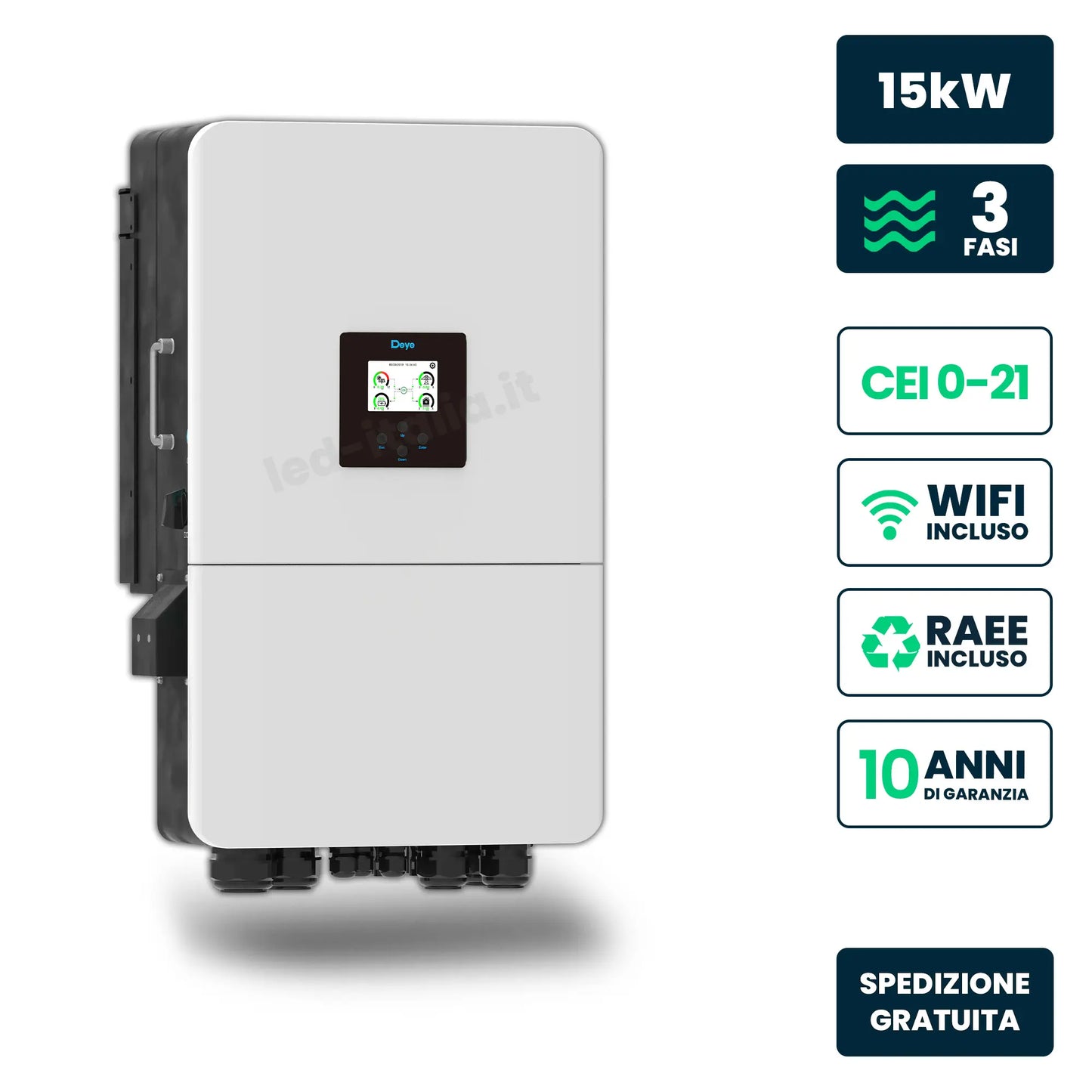 Inverter Ibrido Trifase LV Deye 15kW WiFi CEI 0-21 Bianco IP65
