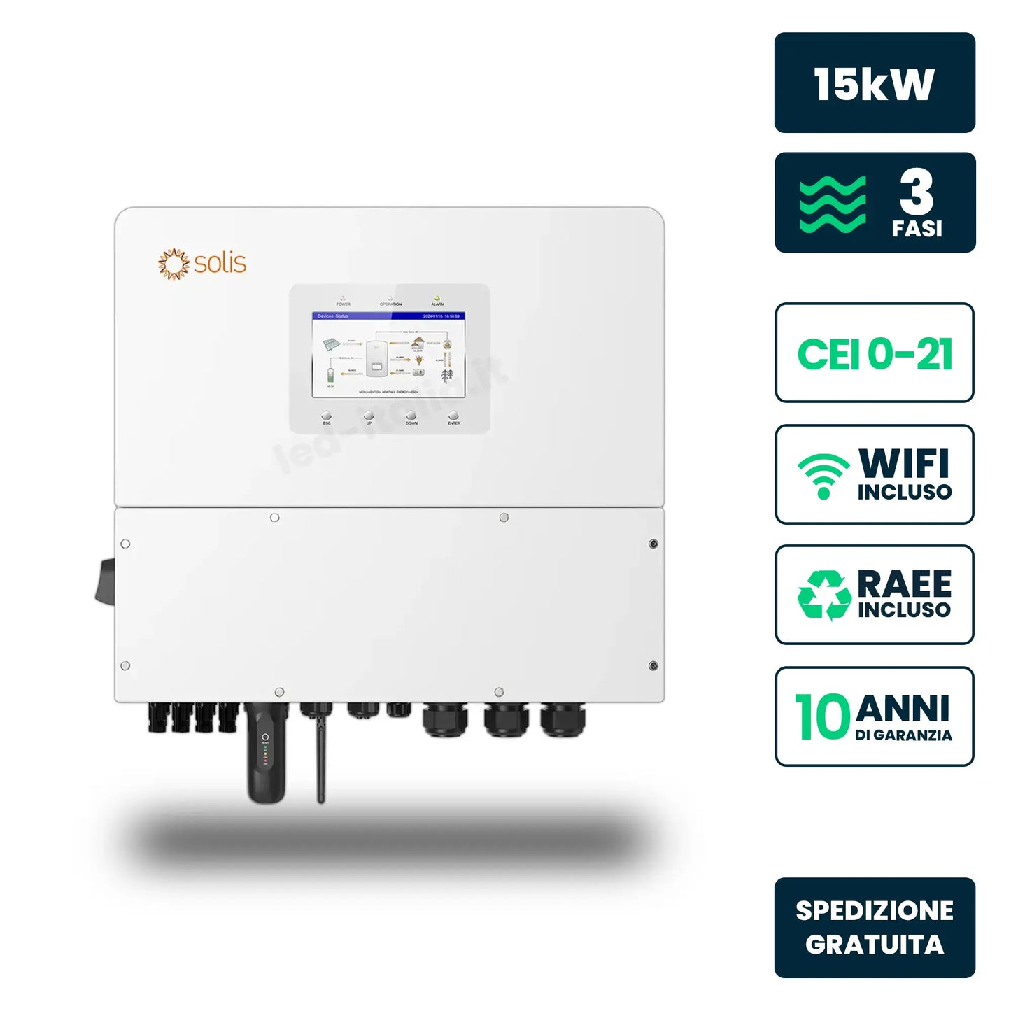 Inverter Ibrido Trifase HV Solis 15kW WiFi CEI 0-21/0-16 Bianco IP66