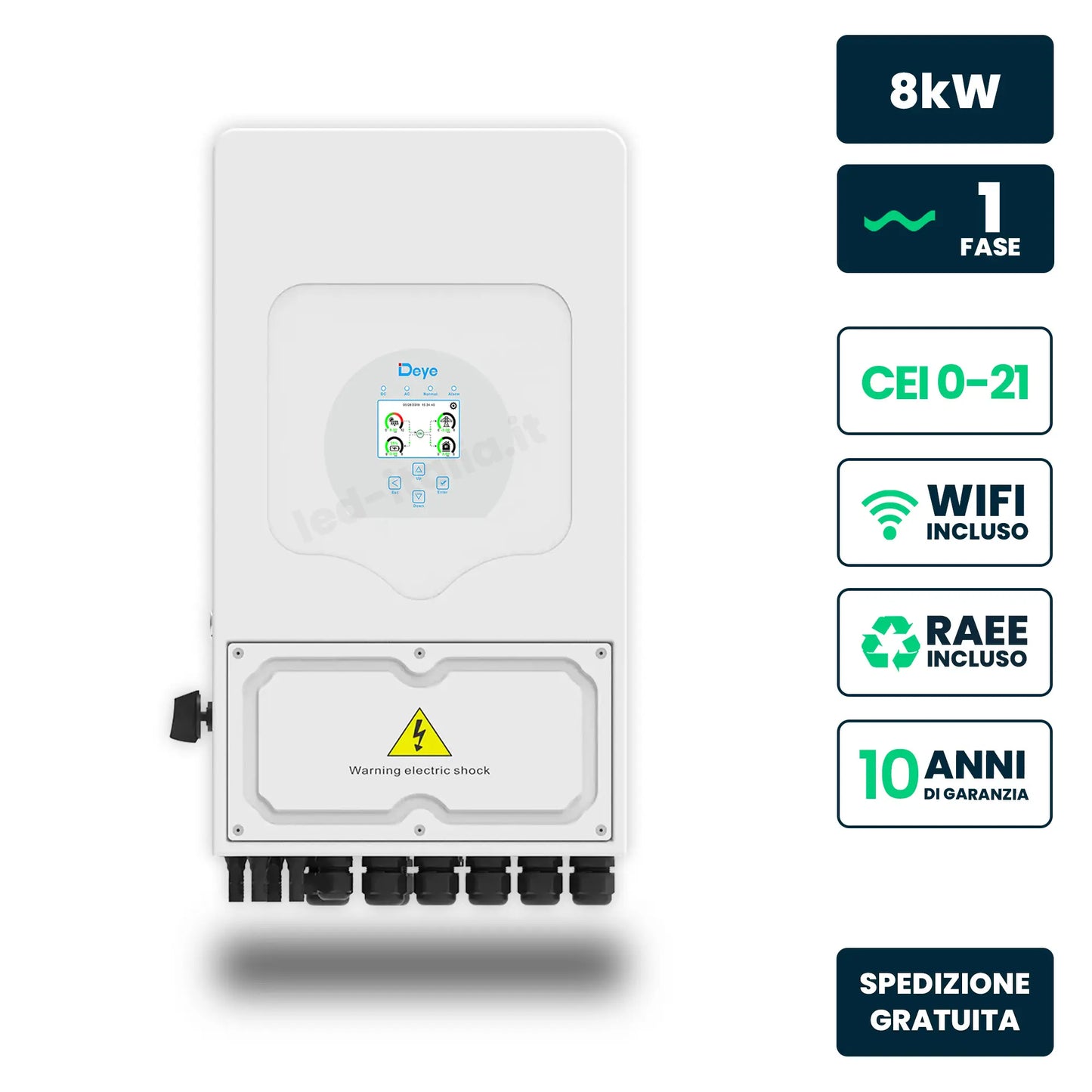 Inverter Ibrido Monofase LV Deye 8kW WiFi CEI 0-21 Bianco IP65