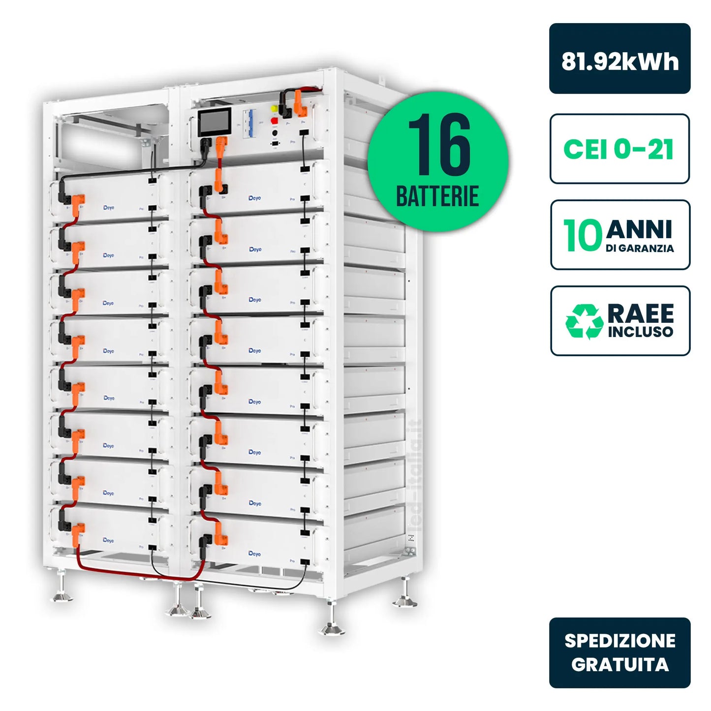 Kit di Accumulo Rack HV Deye 81.92kWh LFP 819.2V 100Ah 125A CEI 0-21 Bianco