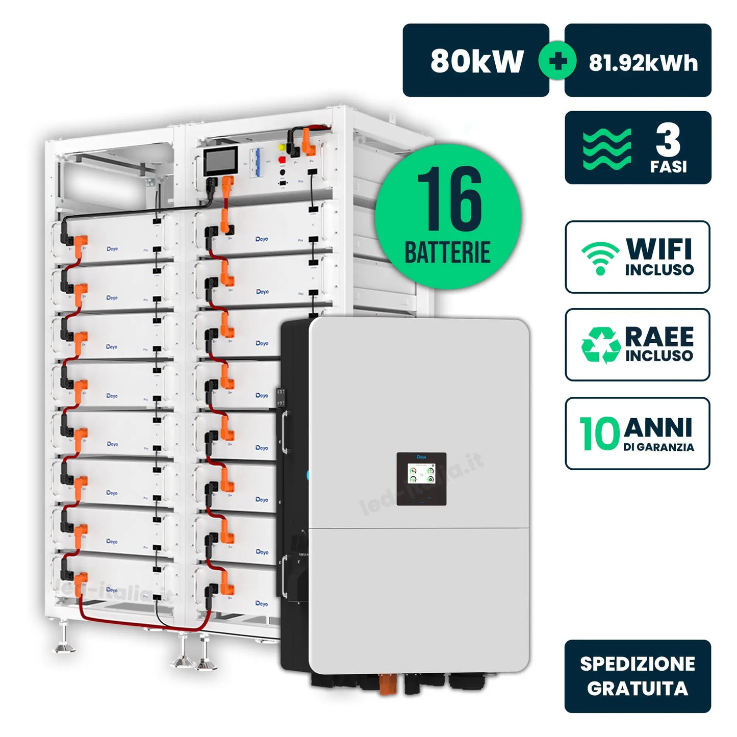 KIT Fotovoltaico Alta Tensione Trifase 80kW + 82kWh Inverter Ibrido Deye e Armadio di Accumulo LFP WiFi TA Garanzia 10 Anni