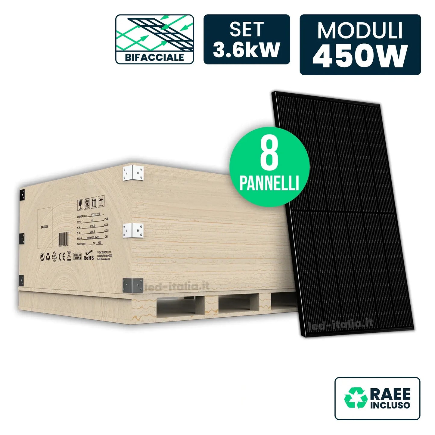 Set 3.6kW con 8 Pannelli Solari 450W N-Type Bifacciali Full Black 1762x1134x30mm