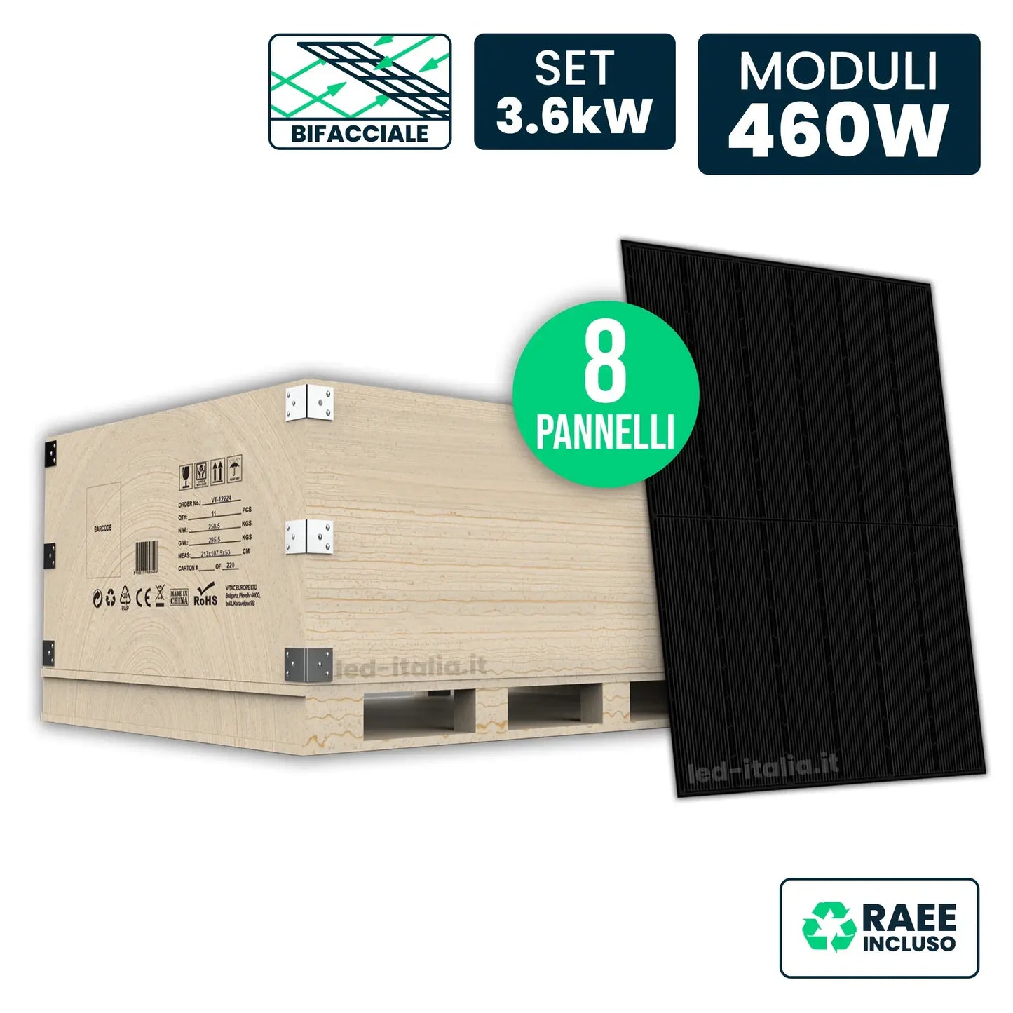 Set 3.6kW con 8 Pannelli Solari 460W Bifacciali TOPCon Full Black 1722x1134x30mm
